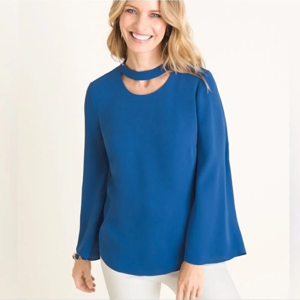 Chico's Duchess Blue Neck Cut Out Pullover Blouse Size Small (4/6)